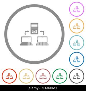 Multiple connections to mail server flat color icons in round outlines on white background Stock Vector