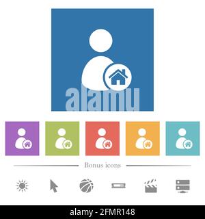 User home flat white icons in square backgrounds. 6 bonus icons included. Stock Vector