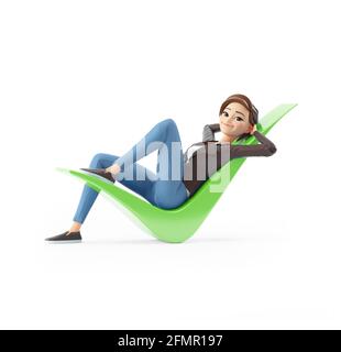 3d cartoon woman lying down on check mark, illustration isolated on white background Stock Photo