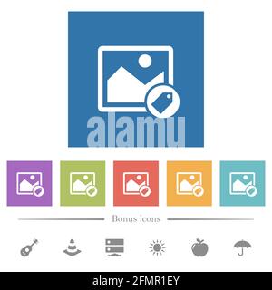 Image tagging flat white icons in square backgrounds. 6 bonus icons included. Stock Vector