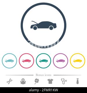 Car hood open dashboard indicator flat color icons in round outlines. 6 bonus icons included. Stock Vector