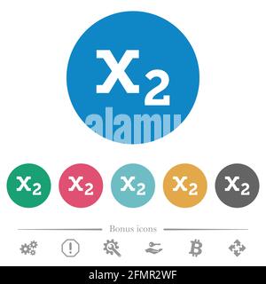 Subscript flat white icons on round color backgrounds. 6 bonus icons included. Stock Vector