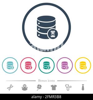 Database working flat color icons in round outlines. 6 bonus icons included. Stock Vector