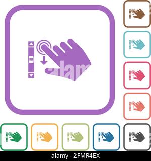 Right handed scroll down gesture simple icons in color rounded square frames on white background Stock Vector