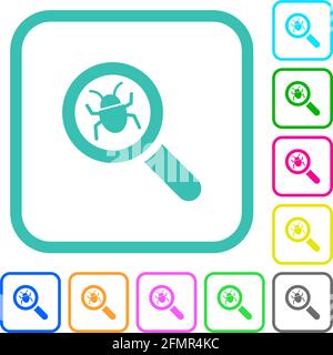 Bug tracking vivid colored flat icons in curved borders on white background Stock Vector
