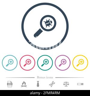 Bug tracking flat color icons in round outlines. 6 bonus icons included. Stock Vector