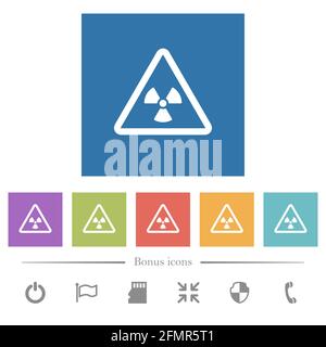 Nuclear warning flat white icons in square backgrounds. 6 bonus icons included. Stock Vector