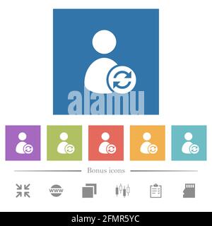 Refresh user account flat white icons in square backgrounds. 6 bonus icons included. Stock Vector
