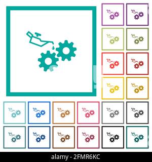 Oiler can and gears flat color icons with quadrant frames on white background Stock Vector