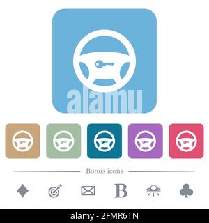 Steering lock white flat icons on color rounded square backgrounds. 6 bonus icons included Stock Vector