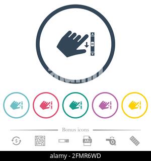 Left handed scroll down gesture flat color icons in round outlines. 6 bonus icons included. Stock Vector