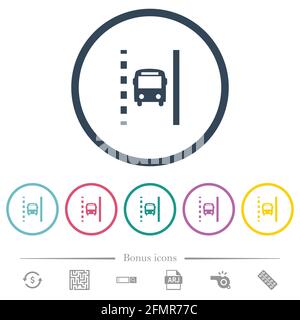 Bus lane flat color icons in round outlines. 6 bonus icons included. Stock Vector