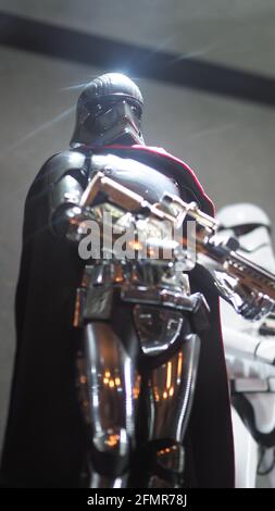 Bangkok Thailand. April 30 2018. Star Wars figure. Captain Phasma standing and his weapon. Captain Phasma toy figures characters model. Starwars Hasbr Stock Photo