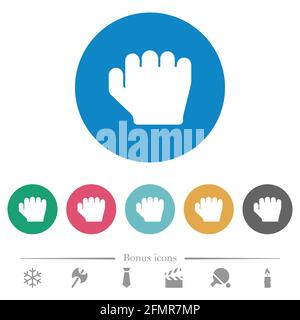 Right handed grab gesture flat white icons on round color backgrounds. 6 bonus icons included. Stock Vector