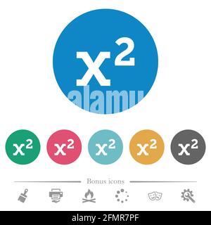 Math exponentiation flat white icons on round color backgrounds. 6 bonus icons included. Stock Vector