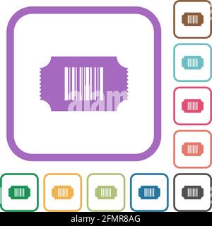 Ticket with barcode simple icons in color rounded square frames on white background Stock Vector