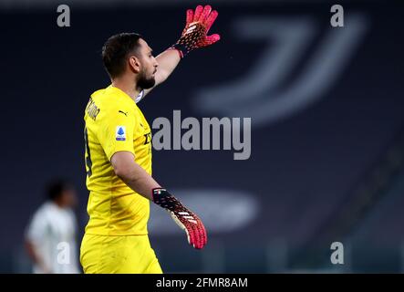Torino, Italy. 09 May 2021. Italian Serie A. Gianluigi Donnarumma of Ac Milan  gestures during the Serie A match between Juventus Fc and Ac Milan. Stock Photo