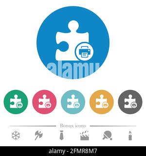 Printer plugin flat white icons on round color backgrounds. 6 bonus icons included. Stock Vector