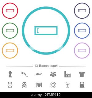 Editbox with editing cursor flat color icons in circle shape outlines. 12 bonus icons included. Stock Vector