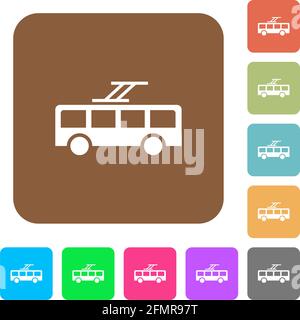 Trolley bus flat icons on rounded square vivid color backgrounds. Stock Vector