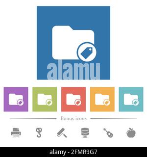 Tagging directory flat white icons in square backgrounds. 6 bonus icons included. Stock Vector