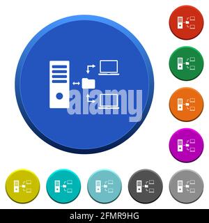 Network file system with server round color beveled buttons with smooth surfaces and flat white icons Stock Vector