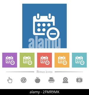 Remove event from calendar flat white icons in square backgrounds. 6 bonus icons included. Stock Vector