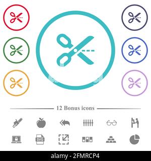 Cut out flat color icons in circle shape outlines. 12 bonus icons included. Stock Vector