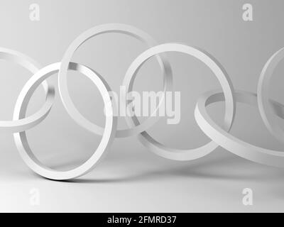 Chain of white rings, abstract installation in an empty blank studio room, 3d rendering illustration Stock Photo