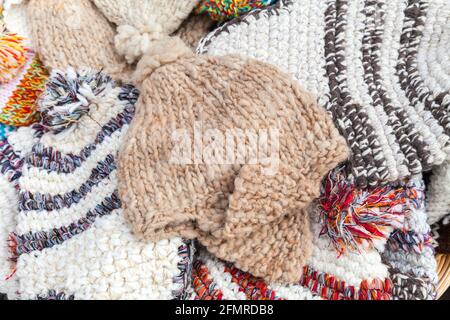 Traditional woolen hats of Madeira islands, Portugal. Close up photo Stock Photo