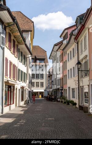 Aarau, Switzerland - 28 April, 2021: the historic city center in the Swiss town of Aarau Stock Photo