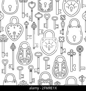 The seamless pattern with  outline retro keys and locks. Stock Vector