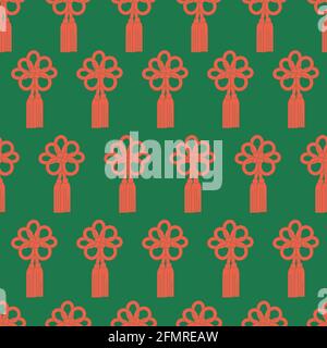 Pattern with Chinese knots. Pattern with red knots of flowers on a green background. Illustration for postcard, poster, banner, flyer. Vector illustra Stock Vector