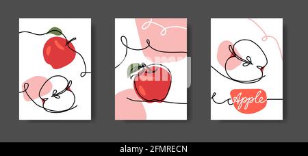 Apple fruits, wall line art decor. Set of vector illustrations, one continuous line decoration of red apples for kitchen or cafe Stock Vector
