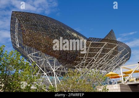 BARCELONA, SPAIN - SEPTEMBER 04: Frank Gehry's Peix d'Or - Whale Sculpture on the beach of Barcelona September 04, 2011 in Barcelona, Spain. Stock Photo