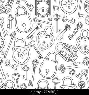 The seamless pattern with  outline retro keys and locks. Stock Vector