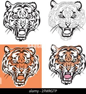 Portrait of a tiger in a linear image and in different colors, stylized Stock Vector