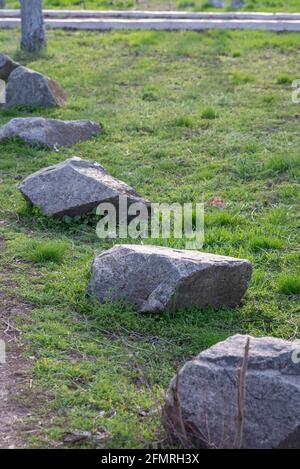 large stones on green grass. Background, copy space spring. Stock Photo