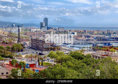 Barcelona, Spain - April 21, 2013: Panoramic of Barcelona Barcelona port area wadis and detail of the statue of Christopher Columbus Stock Photo