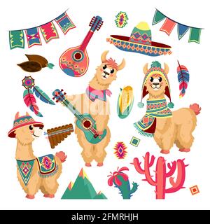 Cute llamas. Funny alpaca animal in mexican clothes with guitar, mountains, cactus and festive flag garland, chile traditional pattern vector set. Ethnic elements, plants and musical instruments Stock Vector