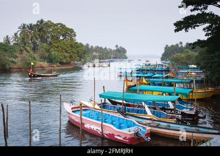 PANAJI, INDIA - November 06, 2011. Row of empty tourist boats moored on the shore of Nerul River, Candolim, Goa Stock Photo