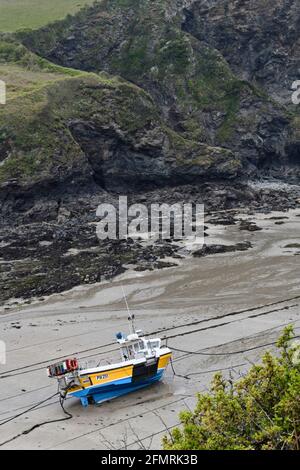 Port Issac Harbour with fishing boat on the sands in Cornwall England UK Stock Photo