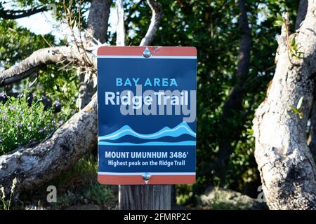 Bay Area Ridge Trail sign. Mount Umunhum highest peak on the ridge trail - San Jose, California, USA - 2021 Stock Photo