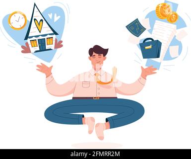 Work life balance concept. Businessman meditates, keep harmony or wellbeing. Flat man choose between leisure and business, family and money, job and house, finance stability, career and relax, healthy Stock Vector
