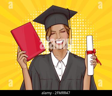 Happy young girl graduate student in mantle and graduation cap holding university diploma in her hand. Concept of celebrating the graduation ceremony. Vector pop art illustration on yellow background. Stock Vector