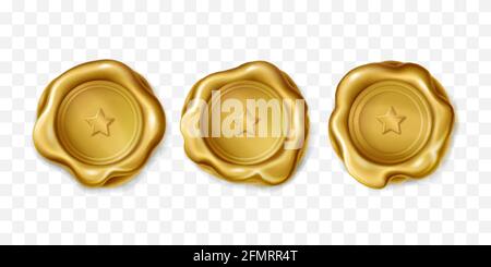 Realistic vector set of golden wax seal approval sealing. Gold elite stamp with star for letter or document. Quality guarantee blank retro postal round labels, royal insignia on transparent background Stock Vector
