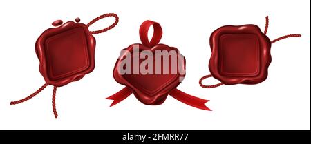 Red blank wax stamps different geometric shapes with rope and ribbon. Vintage seals for letter, guarantee documents, certificate. Retro postal label, royal insignia. Realistic set on white background. Stock Vector