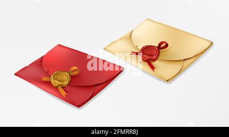 Golden and red vintage envelopes with wax seals. Closed blank with round stamp with ribbon. Paper cover, antique message, letter package, document or postcard. Realistic 3d vector mockup. Stock Vector