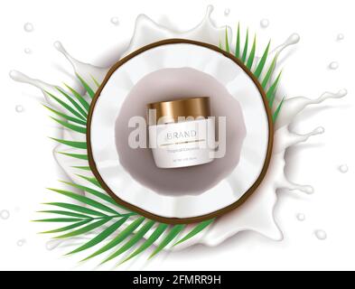Cosmetic realistic vector background. White jar with organic cream lies in half of coconut on background of milk splash with drops. Mock up promo banner, concept poster for natural cosmetics. Stock Vector