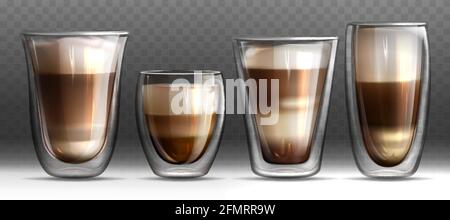 Mug full of latte with milk and foam. Arabica coffee drinks realistic set with transparent different shapes glass cups with hot cappuccino vector. Template for branding, advertising or product design. Stock Vector